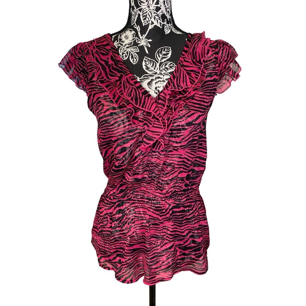 Zebra Animal Print Ruffle V Neck Peplum Blouse Y2K Sheer Stretch Party Top